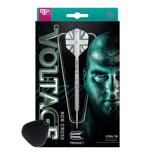 Dardos de acero Target Rob Cross Voltage Swiss Point Das Bild zeigt die Verpackung der "Target Rob Cross Voltage Swiss Point Steeldarts". Auf der Verpackung sind ein Dartpfeil und das Gesicht eines Mannes prominent abgebildet.