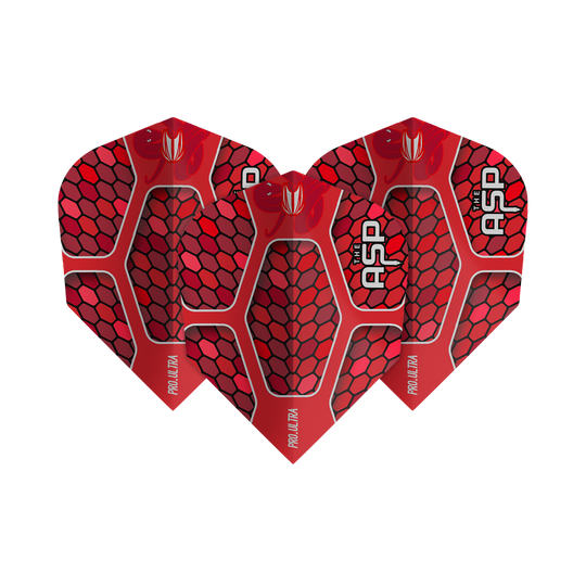 TG386_334440_Target_ProUltra_Nathan_Aspinall_Red_No6_Flights_1PVEZnZHf9xIJs Das Bild zeigt drei rote Dart-Flights mit dem Namen "Target ProUltra Nathan Aspinall Red No6 Flights". Die Flights haben ein Wabenmuster und die Aufschrift "THE ASP" sowie "PRO ULTRA".