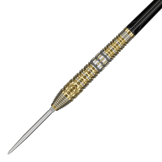 Dardos de acero Target Japan Hot Shot GEN2 - 23 g Das Bild zeigt einen Target Japan Hot Shot GEN2 Steeldart mit einem Gewicht von 23g. Der Steeldart hat ein auffälliges Design mit goldenen und silbernen Rillen und Mustern am Barrel.