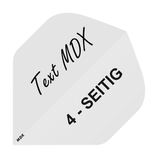 4-Seitig_Bedruckte_Flights_Wunschtext_MDX_Weiss_Standard_1 Das Bild zeigt einen weißen Dartflight mit der Aufschrift "Text MDX" und "4-SEITIG". Es handelt sich um ein Produkt, bei dem der Text individuell wählbar ist.
