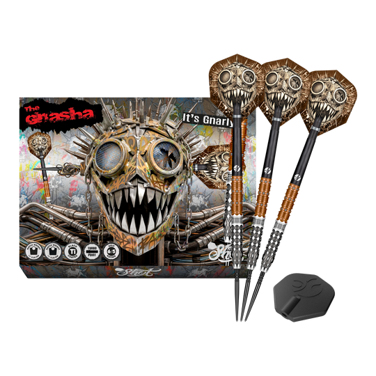 Dardos de acero Shot Gnarly Gnasha Turbo Point - 23 g Dieses Bild stellt die Shot Gnarly Gnasha Turbo Point Steeldarts mit 23g vollständig dar. Das Set ist ideal für Dart-Liebhaber.