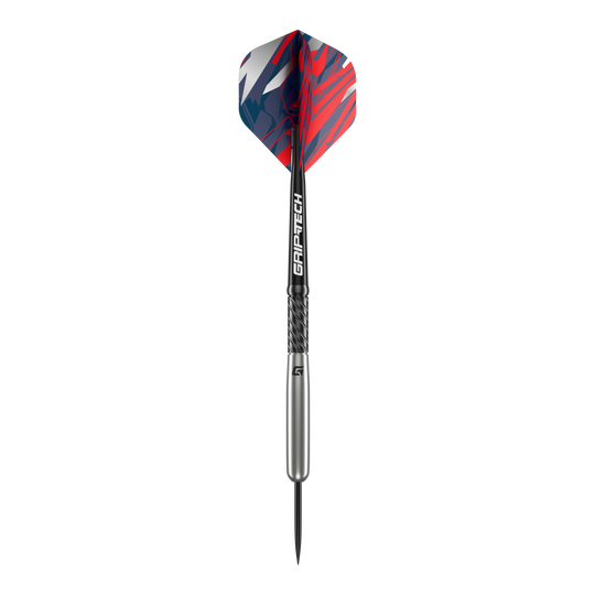 Dardos de béisbol de acero de tungsteno GOAT Homerun Das Bild zeigt den GOAT Homerun Baseball Tungsten Steeldart. Der Dart hat auffällige Flights in Rot, Blau und Weiß sowie einen silbernen Schaft mit der Aufschrift "GRIP-TECH".