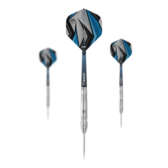 Dardos de acero Bulls Stone S1 Das Bild zeigt drei Steeldarts des Modells "Bulls Stone S1". Die Darts haben silberne Spitzen und Schäfte mit blau-grau-schwarzen Flights.