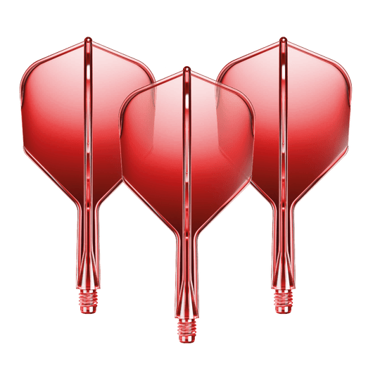 Auf dem Bild sind drei rote Dart-Flights mit Shafts zu sehen. Sie sind gleichmäßig nebeneinander angeordnet und glänzen leicht.
