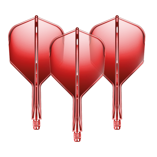 Sistema de eje de vuelo GOAT A1R No6 - Rojo Auf dem Bild sind drei rote Dart-Flights mit Shafts zu sehen. Sie sind gleichmäßig nebeneinander angeordnet und glänzen leicht.