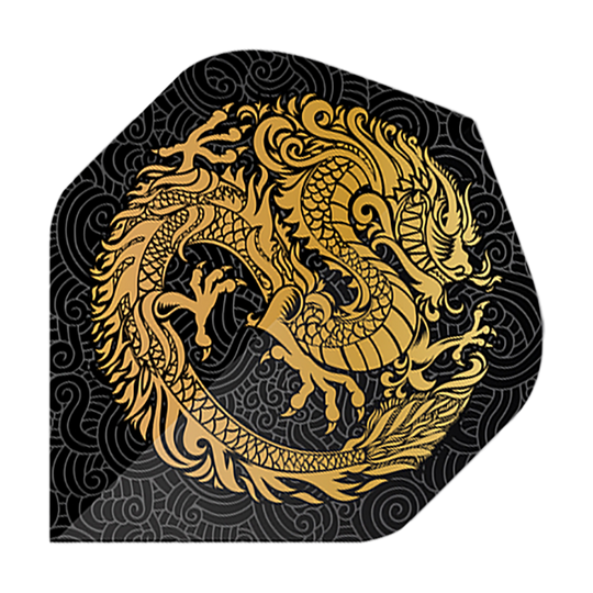 Vuelos de pentatlón Dragón negro Das Bild zeigt die Pentathlon Dragon 2 Standard Flights. Auf schwarzem Hintergrund ist ein goldener Drache kunstvoll dargestellt.