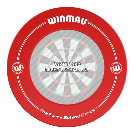 Winmau Dartboard Surround Auf dem Bild ist ein roter Dartboard-Surround der Marke Winmau zu sehen. In der Mitte steht der Hinweis: "Dartboard nicht enthalten!"
