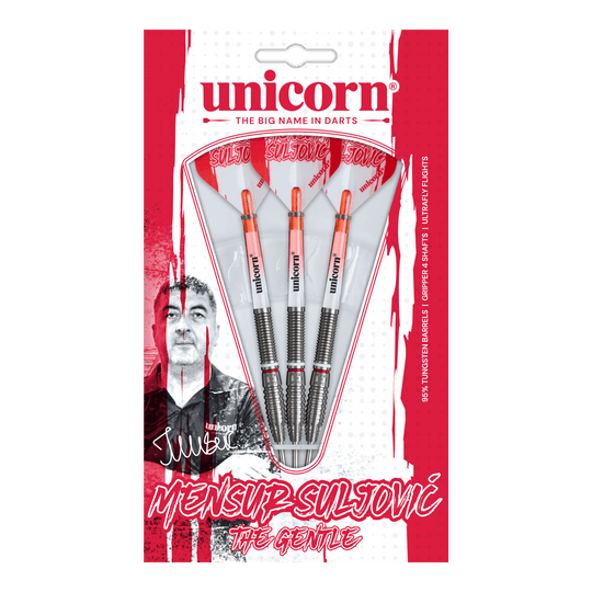 Unicorn Scale Suljovic The Gentle Steeldarts - 23 g Abgebildet ist das Unicorn Mensur Suljovic The Gentle Steeldarts-Set mit 23g Gewicht. Diese Darts sind für alle gedacht, die Mensur Suljovic schätzen.