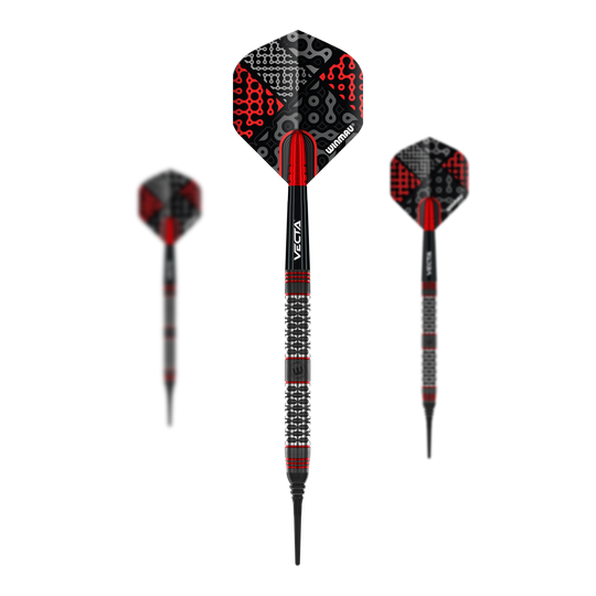 Dardos blandos Winmau Cypher - 20 g Das Bild zeigt drei Winmau Cypher Softdarts mit einem Gewicht von 20 Gramm. Die Darts haben ein auffälliges Design in Schwarz und Rot mit strukturiertem Griff.
