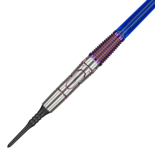 Das Bild zeigt den Target Japan Haruki Muramatsu Rising Sun GEN9 2BA Softdart mit einem Gewicht von 21,5g. Der Dart hat ein silbernes Barrel mit lilafarbenen und blauen Akzenten.