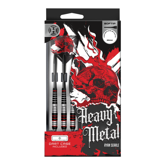 Dardos blandos de latón Harrows Heavy Metal Ryan Searle Das Bild zeigt Harrows Heavy Metal Ryan Searle Brass Softdarts. Die Darts werden aus Messing gefertigt und sind auf einer hellen Fläche angeordnet.