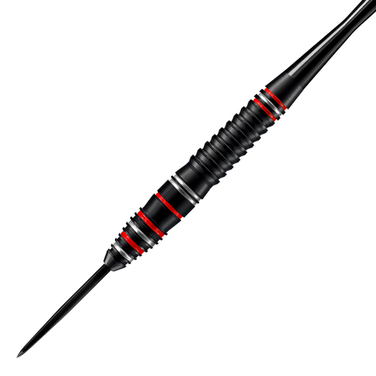 HA28825_Harrows_Fire_High_Grade_Alloy_Steeldarts_2 Das Bild zeigt einen Harrows Fire High Grade Alloy Steeldart. Der Dart ist schwarz mit roten und silbernen Ringen.