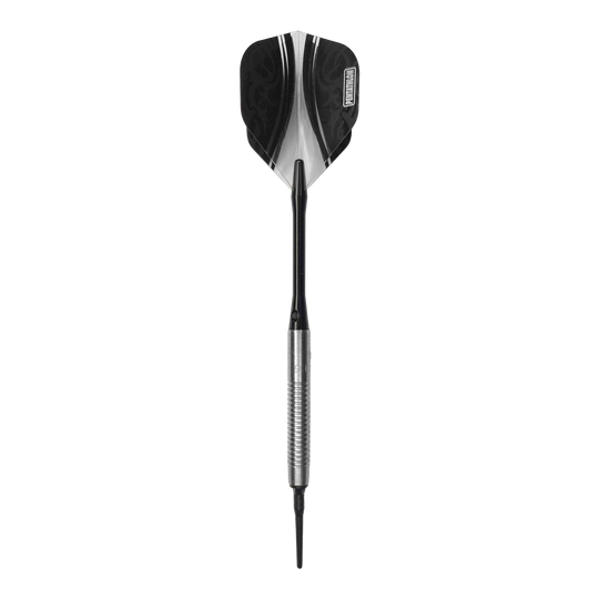 Dardos blandos McDart 85 Tungsten V21 - 18,5 g Das Bild zeigt einen McDart 85er Tungsten V21 Softdart mit einem Gewicht von 18,5g. Der Dart hat eine silberne, gerillte Barrel und schwarze Flights.