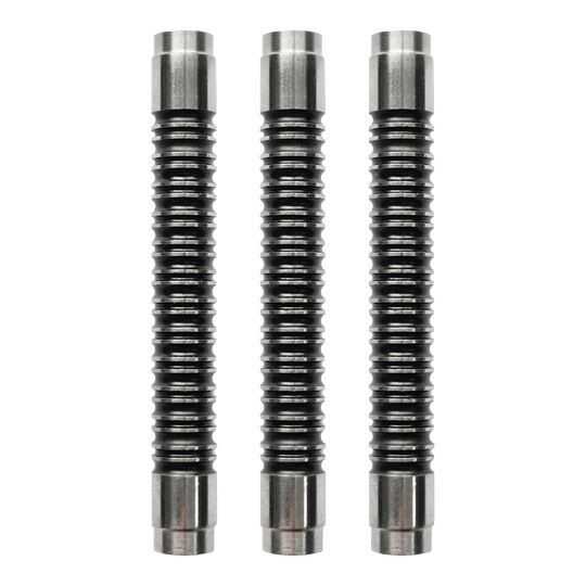 Barriles de dardos McDart Super Grip 4 90% blandos Das Bild zeigt drei McDart Super Grip 4 90% Softdart-Barrels. Die Barrels sind silbern und haben eine stark geriffelte Oberfläche für besseren Halt.