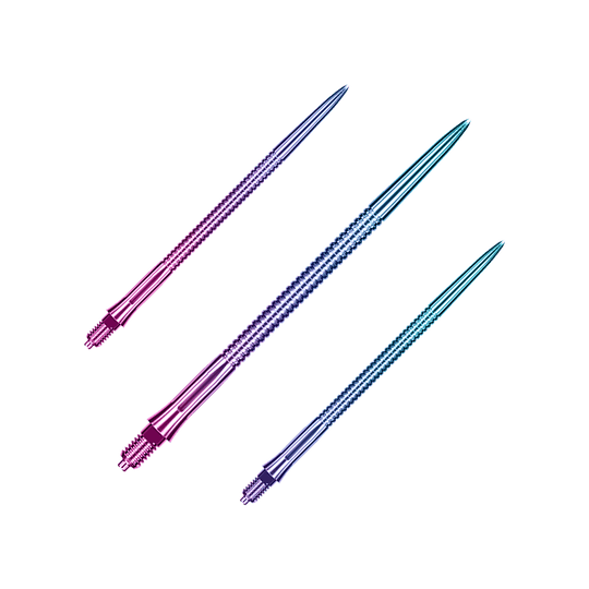 Auf dem Bild sieht man ein Set Caliburn EZ-EVO Dartspitzen mit grooved Rainbow-Optik, 45 mm lang. Die Spitzen zeichnen sich durch ein buntes, geriffeltes Muster aus.