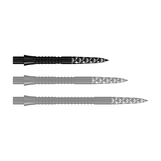 Abgebildet sind Schwarze Steeldartspitzen mit GV-Logo, 26 mm lang. Es handelt sich um Zubehör für Dartpfeile aus der Mission Caliburn EVO Serie.