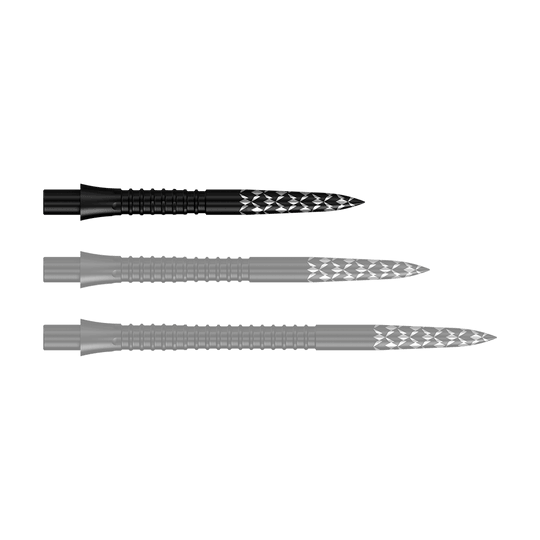 Puntas de dardos Mission Caliburn EVO con logotipo GV - Negro Abgebildet sind Schwarze Steeldartspitzen mit GV-Logo, 26 mm lang. Es handelt sich um Zubehör für Dartpfeile aus der Mission Caliburn EVO Serie.