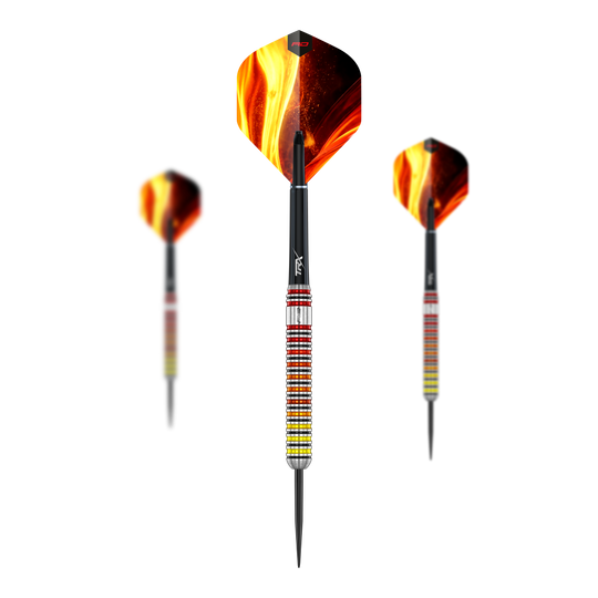 Dardos de acero Red Dragon Furnace Hier sehen Sie das Set der Red Dragon Furnace Steeldarts. Die Darts sind in einer geordneten Anordnung dargestellt.