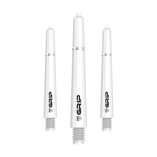 BS55069_Bulls_B-Grip-2_SL_Shafts_Weiss_41mm_1 Das Bild zeigt drei weiße Dartschäfte des Produkts "Bulls B-Grip-2 SL Shafts - Weiß". Auf den Schäften steht das Wort "GRIP" in schwarzer Schrift.