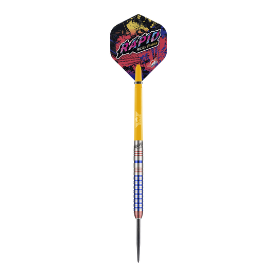 Dardos de acero Rapid Edition One de Ricky Evans de la Liga Nacional Bulls Auf dem Bild ist ein Steeldart der Marke Bulls NL, Modell "Ricky Evans Rapid Edition One", zu sehen. Der Dart hat bunte Flights mit dem Schriftzug "RAPID Ricky Evans" und ein auffälliges Griffdesign in Silber, Blau und Rot.