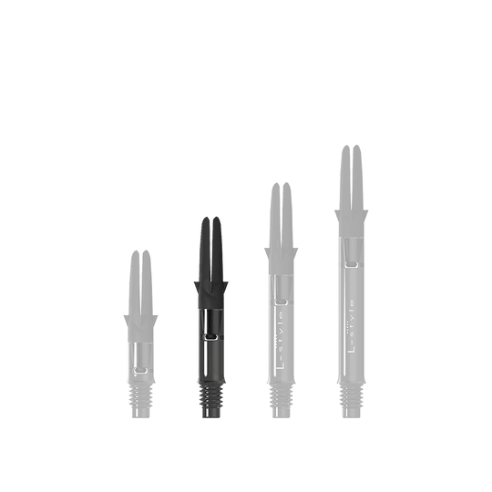 Flecha recta silenciosa de carbono estilo L - Negro Das Bild zeigt drei schwarze Dartshafts in unterschiedlicher Länge. Sie sind aus Carbon gefertigt und tragen die Aufschrift "L-Style".