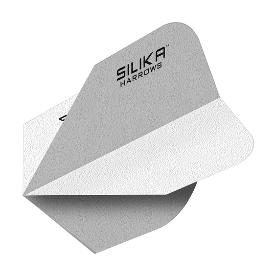 Plumas No6 blancas con revestimiento cristalino resistente sólido de sílice Harrows Das Bild zeigt ein weißes Dart-Flight mit der Aufschrift "Silika Harrows". Das Flight hat eine solide, strukturierte Oberfläche und ist speziell für hohe Haltbarkeit entwickelt.