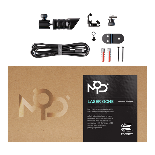 Láser de objetivo MOD Oche Das Bild zeigt das Produkt „Target MOD Laser Oche“ mit allen enthaltenen Teilen, wie Kabel, Schrauben und Montagematerial. Die Verpackung liegt im Vordergrund und trägt die Produktbezeichnung sowie eine kurze Beschreibung.