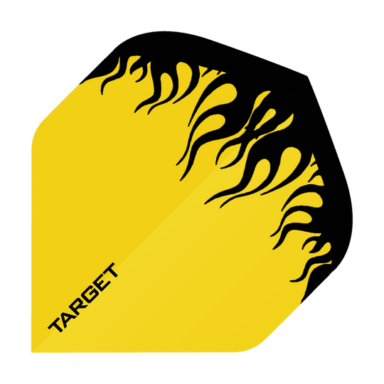 TG83_Target_Yellow_Flame_No2_Standard_Flights_1DjMEpxueJchfp Das Bild zeigt ein gelbes Dart-Flight mit schwarzem Flammenmuster. In der Ecke steht das Wort "TARGET".
