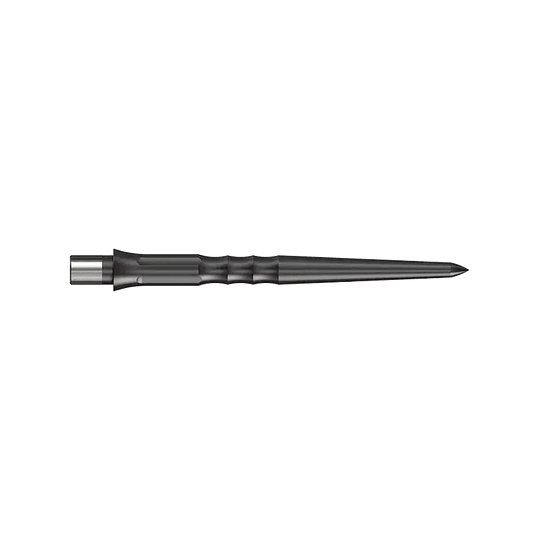 Puntas Caliburn System Steeldart - Onduladas - Sin labio - Negras Das Bild zeigt eine schwarze Steeldartspitze mit Riffelung. Die Spitze ist 28 mm lang und hat kein Lip-Ende.