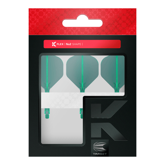 Sistema de vuelo estándar Target K-Flex No2 - Verde Dart-Flights mit gleichmäßiger Flächenstruktur und definierter Form sind abgebildet. Die Produkte liegen sortiert neben- und übereinander.
