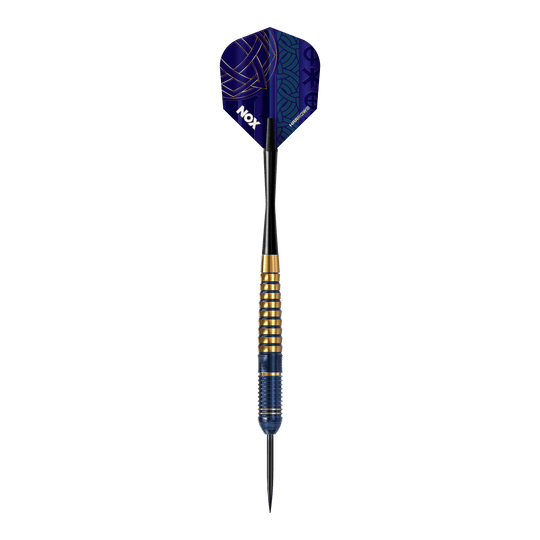Das Bild präsentiert die Harrows Nox Premium Brass Steeldarts. Diese Pfeile sind ideal für Steeldart-Spieler und bieten eine gute Verarbeitung.