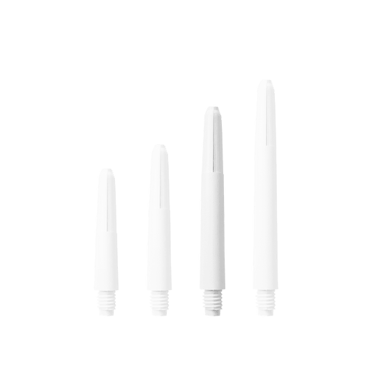 582_Nylon_Shafts_Schneeweiss_40mm_1icpz0G9NZ3NKO Das Bild zeigt vier Nylon Shafts in Schneeweiß, die nebeneinander angeordnet sind. Sie unterscheiden sich in ihrer Länge und haben ein Schraubgewinde am unteren Ende.