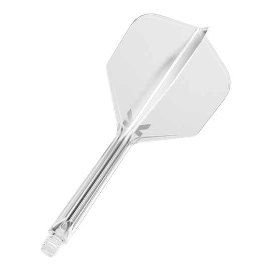 Sistema de vuelo Target K-Flex No6 - Transparente Das Bild zeigt einen transparenten Dart-Flug mit Schaft vor schwarzem Hintergrund. Das Produkt wirkt modern und klar gestaltet.