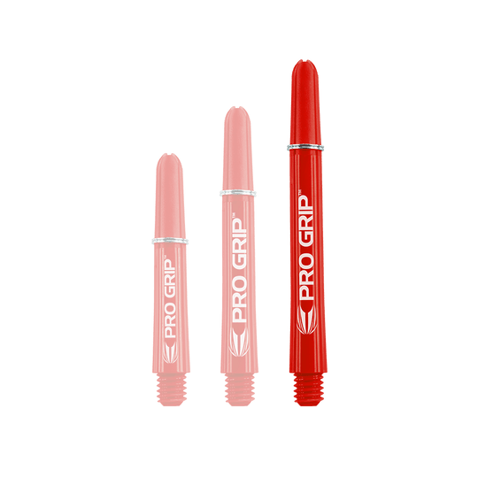 Das Bild zeigt drei rote PRO GRIP Shafts in unterschiedlichen Längen. Sie stehen nebeneinander auf weißem Hintergrund.