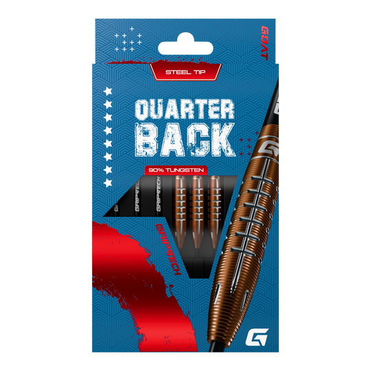 Dardos de acero de tungsteno GOAT Quarterback V2 - 24 g Die Verpackung zeigt die "GOAT Quarterback V2 Tungsten Steeldarts - 24g" mit Stahlspitze. Die Darts bestehen zu 90% aus Tungsten und haben ein modernes Design.