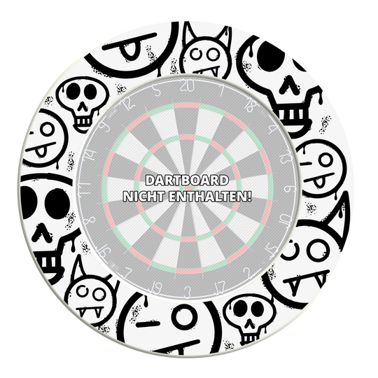 Ein Bild mit dem Dateinamen MSF-A4_McDart_Graffiti_Smilies_Dartboard_Surround_Wei_3. Es zeigt vermutlich ein Produkt mit Graffiti- und Smiley-Design rund um ein Dartboard.