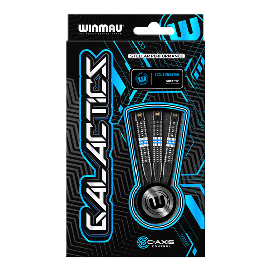 Dardos blandos Winmau Galactics - 20 g Die Abbildung zeigt eine Verpackung der "Winmau Galactics Softdarts - 20g". Das Design ist modern und hebt die wichtigsten Merkmale wie 90% Tungsten und Soft Tip hervor.