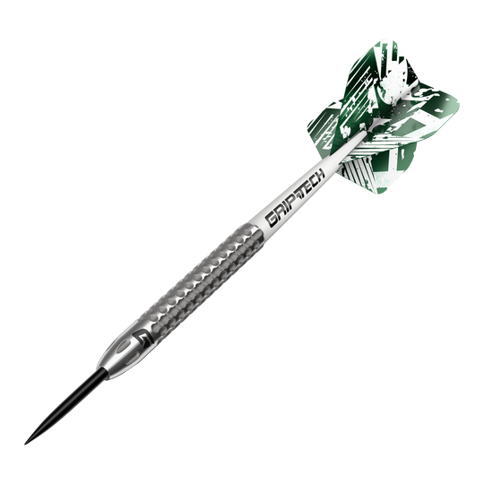 Dardos de acero de tungsteno GOAT Fairway V2 Das Bild zeigt einen GOAT Fairway V2 Tungsten Steeldart. Der Dartpfeil hat ein silbernes Griffstück mit strukturierter Oberfläche und grüne Flights mit weißem Muster.