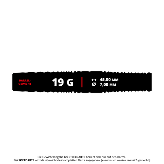 Das Bild zeigt die Produktdaten der "Target Japan Cathy Leung Charis GEN5 Softdarts - 19g". Die Darts haben ein Barrel-Gewicht von 19 Gramm, eine Länge von 45,00 mm und einen Durchmesser von 7,00 mm.