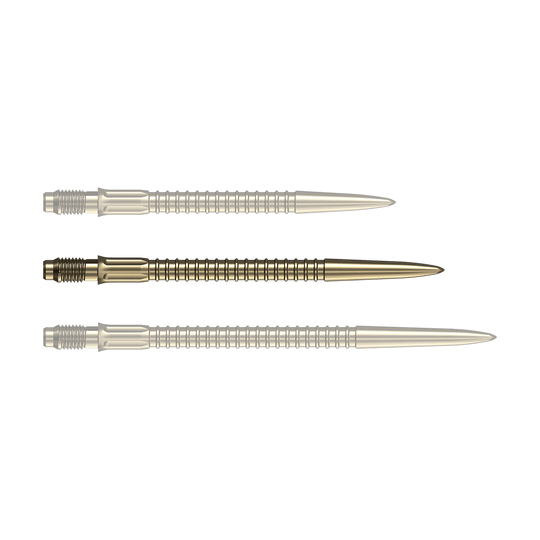 Puntas de dardo Mission R2.5 Rapid Point GV1 - Oro Eine goldene Dartspitze mit einer Länge von 35mm ist auf dem Foto zu erkennen. Ideal für Dartspieler zur Erneuerung der Pfeile.