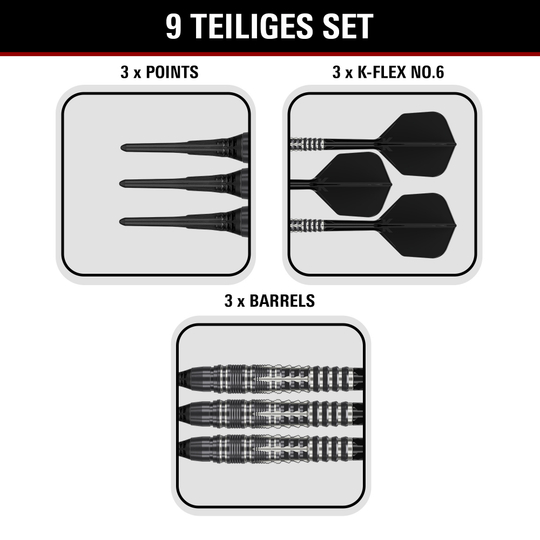 Dardos blandos Target Black Marque Blaze - 18 g Gezeigt werden die Target Black Marque Blaze Softdarts mit 18g Gewicht. Diese Softdarts sind für ambitionierte Spieler entworfen.