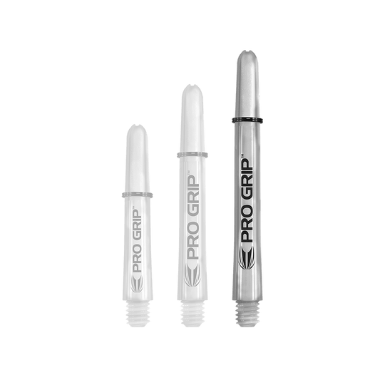 Varillas Target Pro Grip - 3 juegos - Transparentes Das Bild zeigt drei transparente Pro Grip Shafts in unterschiedlichen Längen. Sie sind mit der Aufschrift "PRO GRIP" und einem schwarzen Logo versehen.