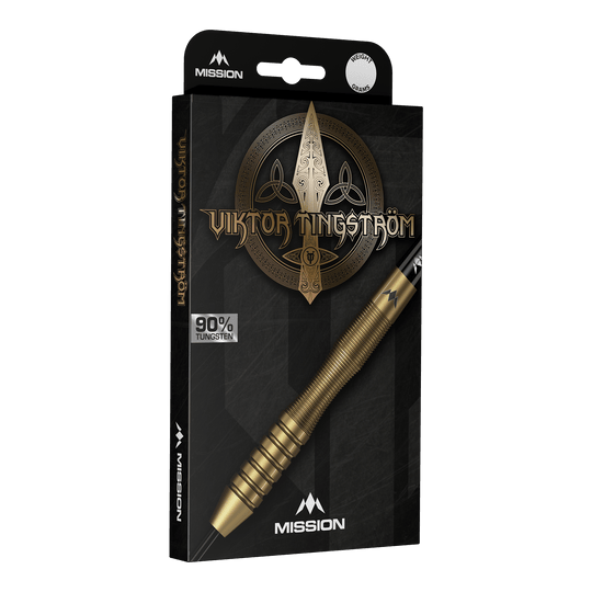 Dardos Mission Viktor Tingstrom Gold Steel - 22 g Mission Viktor Tingstrom Gold Steeldarts - 22g, mehrere Dartpfeile werden präsentiert. Die goldene Farbgebung und das spezielle Design sind erkennbar.