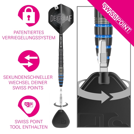 Diana Jeffrey De Graaf GEN1 Dardos de acero con punta suiza - 23 g Das Bild zeigt den Target Jeffrey De Graaf GEN1 Swiss Point Steeldart mit einem Gewicht von 23g. Es hebt das patentierte Verriegelungssystem, den sekundenschnellen Wechsel der Swiss Points und das enthaltene Swiss Point Tool hervor.