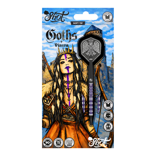Dardos blandos Shot Goths Visara - 20 g Hier sieht man die Shot Goths Visara Softdarts - 20g. Diese hochwertigen Softdarts sind speziell für den Freizeitsport entworfen.