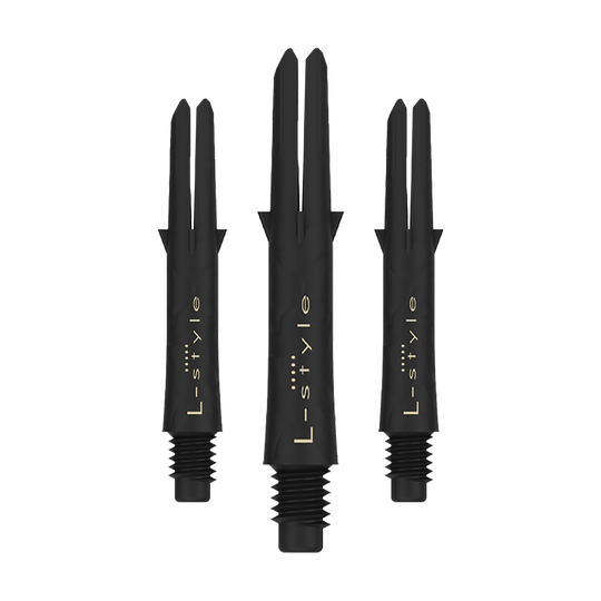Ejes de carbono estilo L Das Bild zeigt drei schwarze Carbon Shafts für Dartpfeile der Marke L-Style. Die Shafts sind ohne Kappen und besitzen eine goldene Schrift.