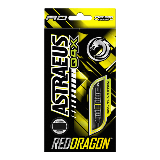 Dardos de acero torpedo Red Dragon Astraeus Q4X Die Abbildung zeigt die Verpackung der "Red Dragon Astraeus Q4X Torpedo Steeldarts". Das Design ist überwiegend schwarz und gelb, mit auffälligem Markenschriftzug und einer sichtbaren Abbildung eines Darts.