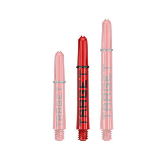 Varillas Target Pro Grip TAG - 3 juegos - Rojo Das Bild zeigt drei rote Dartschäfte in verschiedenen Längen. Auf den Schäften steht in schwarzer Schrift das Wort "TARGET".