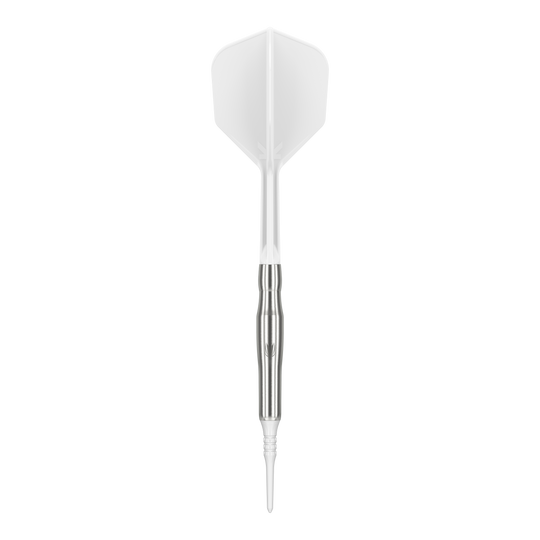 Dardos blandos Target Japan Crux Brave - 18,5 g Das Bild zeigt einen weißen Softdart mit silbernem Schaft. Es handelt sich um das Produkt "Target Japan Crux Brave Softdarts - 18,5g".