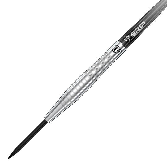 Das Bild zeigt einen silbernen Steeldart der Marke Bulls, Modell Martin Schindler Original Generation 2. Der Dart hat eine gerillte Oberfläche für besseren Grip und eine schwarze Stahlspitze.